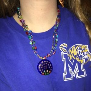 Blue and red flowered necklace